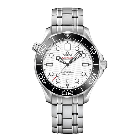 Omega Seamaster Diver 300 42mm-Omega Seamaster Diver 300M Omega Co-Axial Master Chronometer in a 42mm stainless steel case with white dial on stainless steel bracelet, featuring a date display and automatic movement.