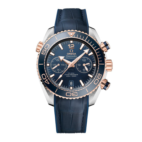 Omega Seamaster Planet Ocean 600m 45.5mm - Chronograph-Omega Seamaster Planet Ocean 600M Omega Co-Axial Master Chronometer Chronograph in a 45.5mm stainless steel/Sedna gold case with blue dial on leather strap, featuring a chronograph function, date display and automatic movement.