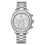 Omega Speedmaster 38-Omega Speedmaster 38 Co-Axial Chronograph in a 38mm stainless steel case with mother-of-pearl dial on stainless steel bracelet, featuring a chronograph function, date display, and automatic movement.