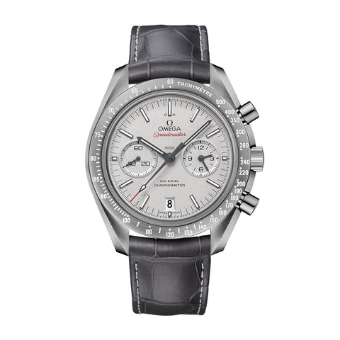 Omega Speedmaster Dark Side of the Moon 44.25mm - Grey Side of the Moon-Omega Speedmaster Moonwatch Omega Co-Axial Chronograph in a 44.25mm grey ceramic case with grey dial on leather strap, featuring a chronograph function, date display and an automatic movement with up to 60 hours of power reserve.