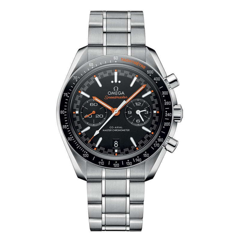 Omega Speedmaster Racing 44.25mm-Omega Speedmaster Racing Omega Co-Axial Master Chronometer Chronograph in a 44.25mm stainless steel case with black dial on stainless steel bracelet, featuring a chronograph function, date display and automatic movement.