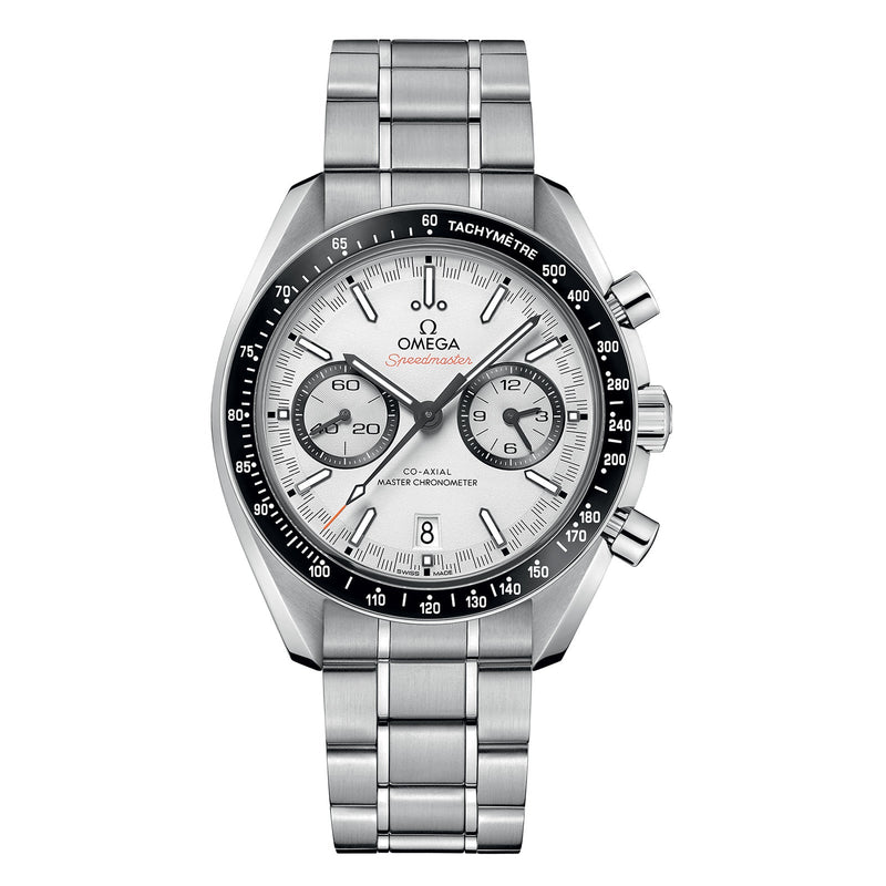 Omega Speedmaster Racing 44mm-Omega Speedmaster Racing Omega Co-Axial Master Chronometer Chronograph in a 44.25mm stainless steel case with white dial on stainless steel bracelet, featuring a chronograph function, date display and automatic movement.