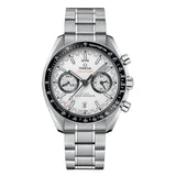 Omega Speedmaster Racing 44mm-Omega Speedmaster Racing Omega Co-Axial Master Chronometer Chronograph in a 44.25mm stainless steel case with white dial on stainless steel bracelet, featuring a chronograph function, date display and automatic movement.