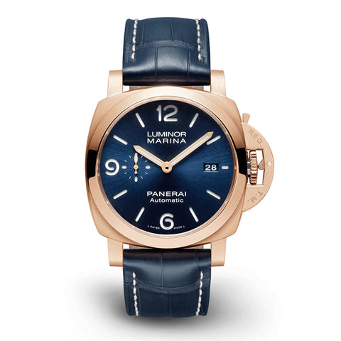 Panerai Luminor Marina Goldtech™ - 44mm-Panerai Luminor Marina Goldtech™ in a 44mm rose gold case with blue dial on leather strap, featuring a small seconds display, date display and automatic movement with up to 3 days of power reserve.