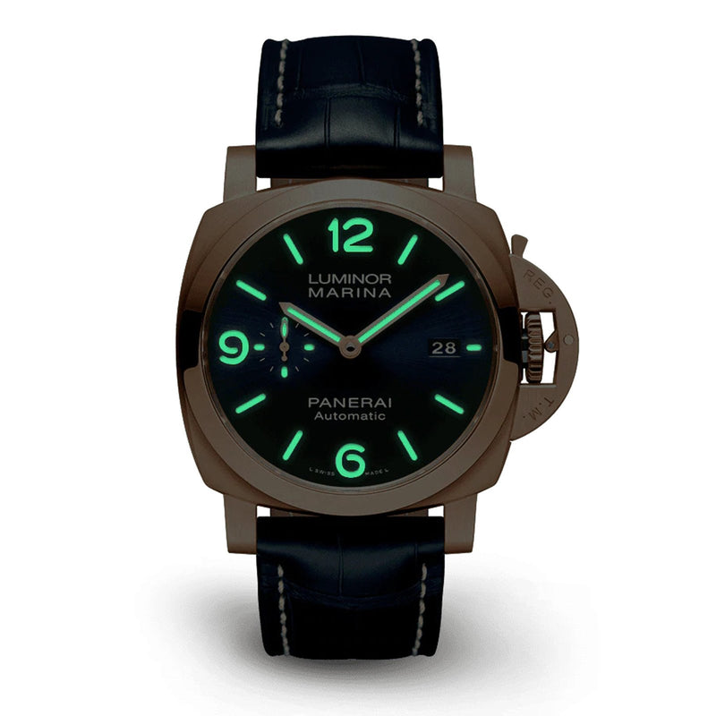 Panerai Luminor Marina Goldtech™ - 44mm-Panerai Luminor Marina Goldtech™ in a 44mm rose gold case with blue dial on leather strap, featuring a small seconds display, date display and automatic movement with up to 3 days of power reserve.
