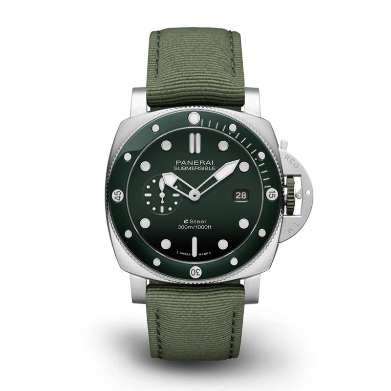 Panerai Submersible QuarantaQuattro ESteel™ Verde Smeraldo 44mm-Panerai Submersible QuarantaQuattro ESteel™ Verde Smeraldo in a 44mm stainless steel/green ceramic case with green dial on textile strap, featuring small seconds display, date display and automatic movement with up to three days of power reserve.