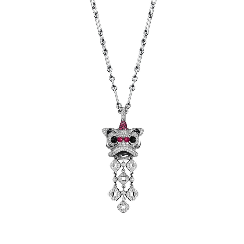 Qeelin Large Xi Xi Pendant-Qeelin Large Xi Xi Pendant - XX-010-FPPD-WGD - Large Xi Xi pendant in 18K white gold with pave diamonds, rubies and onyx.