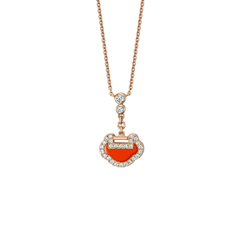 Qeelin Petite Yu Yi Necklace-Qeelin Petite Yu Yi Necklace - 18 karat rose gold with red agate and diamond yu yi pendant on chain.