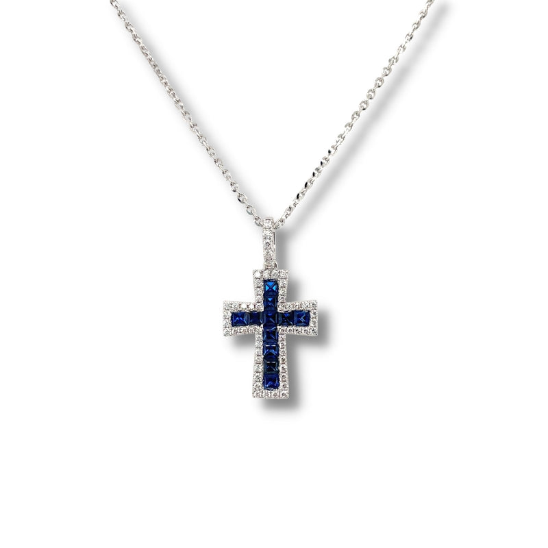 Sapphire and Diamond Cross Pendant and Chain-Sapphire and Diamond Cross Pendant and Chain - SNTIJ00570