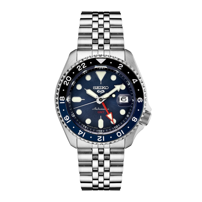 Seiko 5 Sports SKX Sports Style GMT Series SSK003-Seiko 5 Sports SKX Sports Style GMT Series SSK003 in a 42mm stainless steel case with blue dial on stainless steel bracelet, featuring a date display, GMT function and automatic movement with up to 41 hours of power reserve.