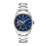Seiko Presage Sharp-Edged Series SPB417-Seiko Presage Sharp Edged Series SPB417 in a 40mm stainless steel case with blue dial on stainless steel bracelet, featuring a 24-hour display, and open aperture with leaf motif design, and automatic movement with up to 72 hours of power reserve.