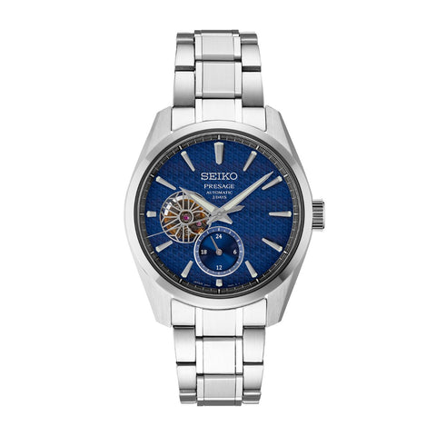 Seiko Presage Sharp-Edged Series SPB417-Seiko Presage Sharp Edged Series SPB417 in a 40mm stainless steel case with blue dial on stainless steel bracelet, featuring a 24-hour display, and open aperture with leaf motif design, and automatic movement with up to 72 hours of power reserve.