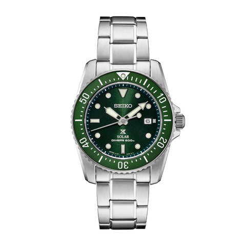 Prospex Solar Diver SNE583-Prospex Solar Diver in a 38.5 stainless steel case with green dial on stainless steel bracelet, featuring a date display with solar movement.