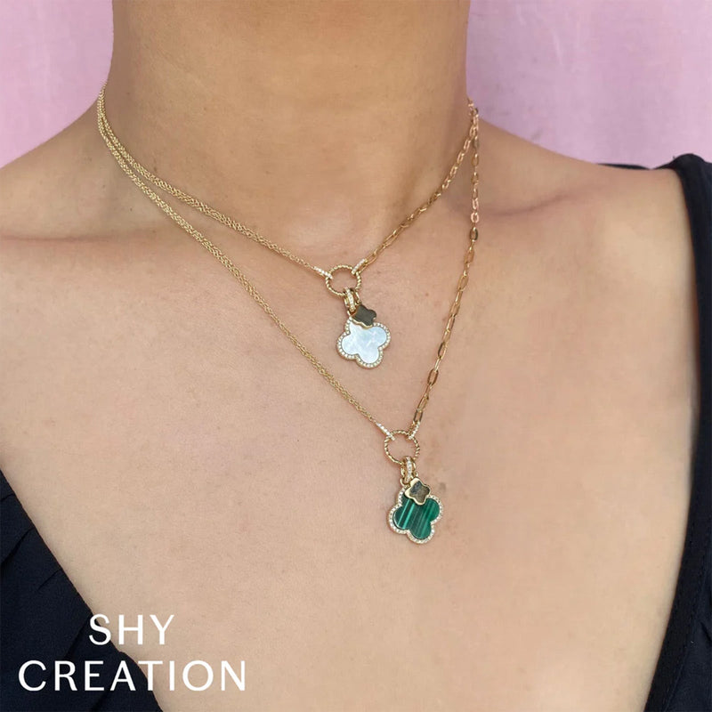 Shy Creation Diamond and Malachite Clover Paper Clip Necklace-Shy Creation Diamond and Malachite Clover Paper Clip Necklace - SC55023332V2 - Shy Creation Diamond and Malachite Clover Paper Clip Necklace in 14 karat yellow gold with diamonds totaling 0.17 carats.