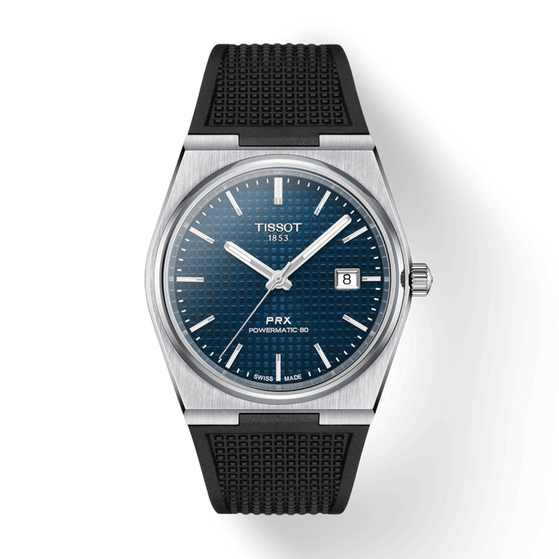 Tissot PRX Powermatic 80-Tissot PRX Powermatic 80 - T137.407.17.041.00 - Tissot PRX Powermatic 80 in a 40mm stainless steel case with blue dial on rubber strap, featuring a date display and automatic movement with approximately 80 hours power reserve.