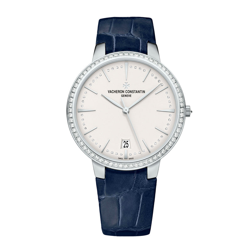 Vacheron Constantin Patrimony Self-Winding-Vacheron Constantin Patrimony Self-Winding - 85515/000G-9841 - Vacheron Constantin Patrimony Self-Winding in a 36.5mm white gold diamond bezel case with silver dial on leather strap, featuring a date display and automatic movement.