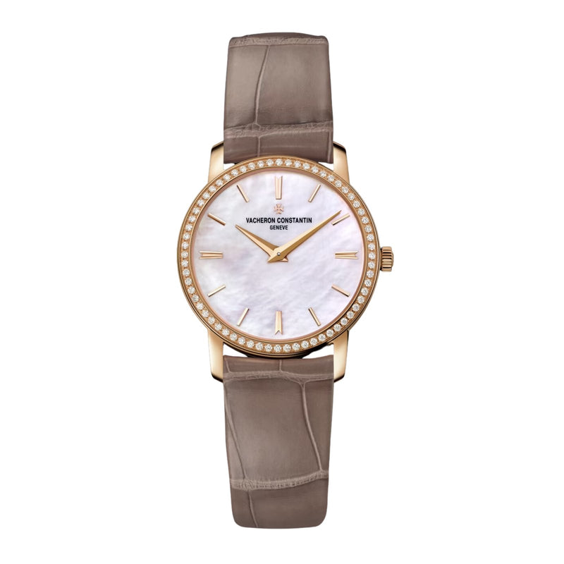 Vacheron Constantin Traditionnelle Quartz-Vacheron Constantin Traditionnelle Quartz - 25558/000R-B156 - Vacheron Constantin Traditionnelle Quartz in a 30mm rose gold diamond bezel case with mother-of-pearl dial on leather strap, featuring a quartz movement.