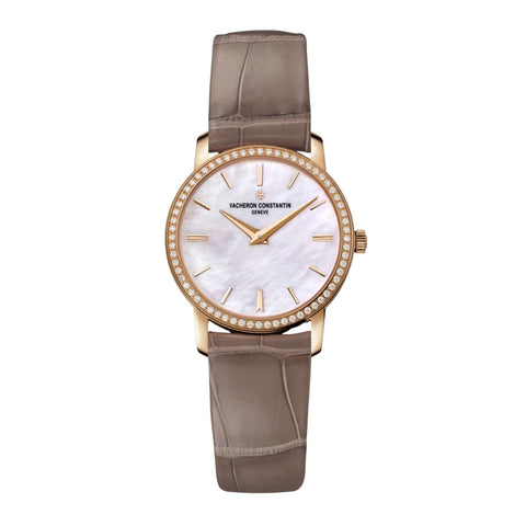 Vacheron Constantin Traditionnelle Quartz-Vacheron Constantin Traditionnelle Quartz - 25558/000R-B156 - Vacheron Constantin Traditionnelle Quartz in a 30mm rose gold diamond bezel case with mother-of-pearl dial on leather strap, featuring a quartz movement.