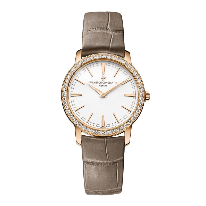 Vacheron Constatin Traditionnelle Manual-Winding-Vacheron Constatin Traditionnelle Manual-Winding - 81590/000R-9847 - Vacheron Constatin Traditionnelle Manual-Winding in a 33mm rose gold diamond bezel case with white dial on leather strap, featuring a hand-wound mechanical movement.