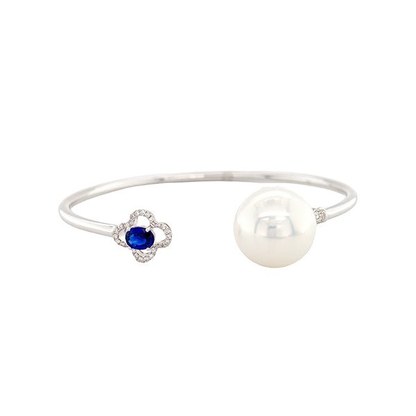 White Freshwater Pearl and Sapphire Diamond Bangle-White South Sea Pearl and Sapphire Bangle - FBGTJ00046