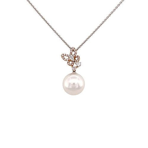 White South Sea Pearl Diamond Butterfly Pendant and Chain-White South Sea Pearl Diamond Butterfly Pendant and Chain -